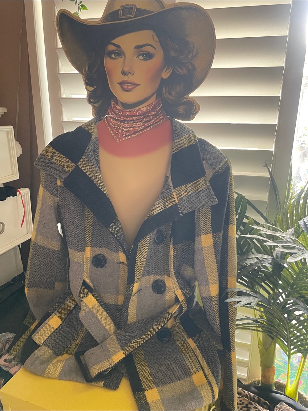 Wool-Blend Plaid Double-Breasted Coat - Yellow & Gray
